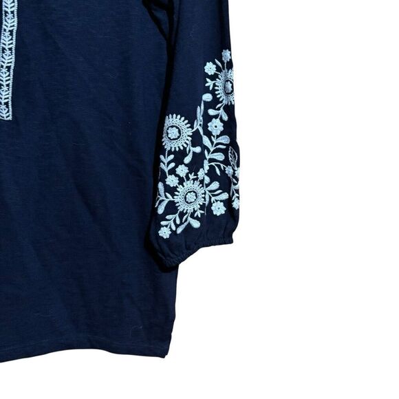 Talbots Tunic Top Womens Small Black White Floral Embroidered Split Neck Blouse - Picture 5 of 8